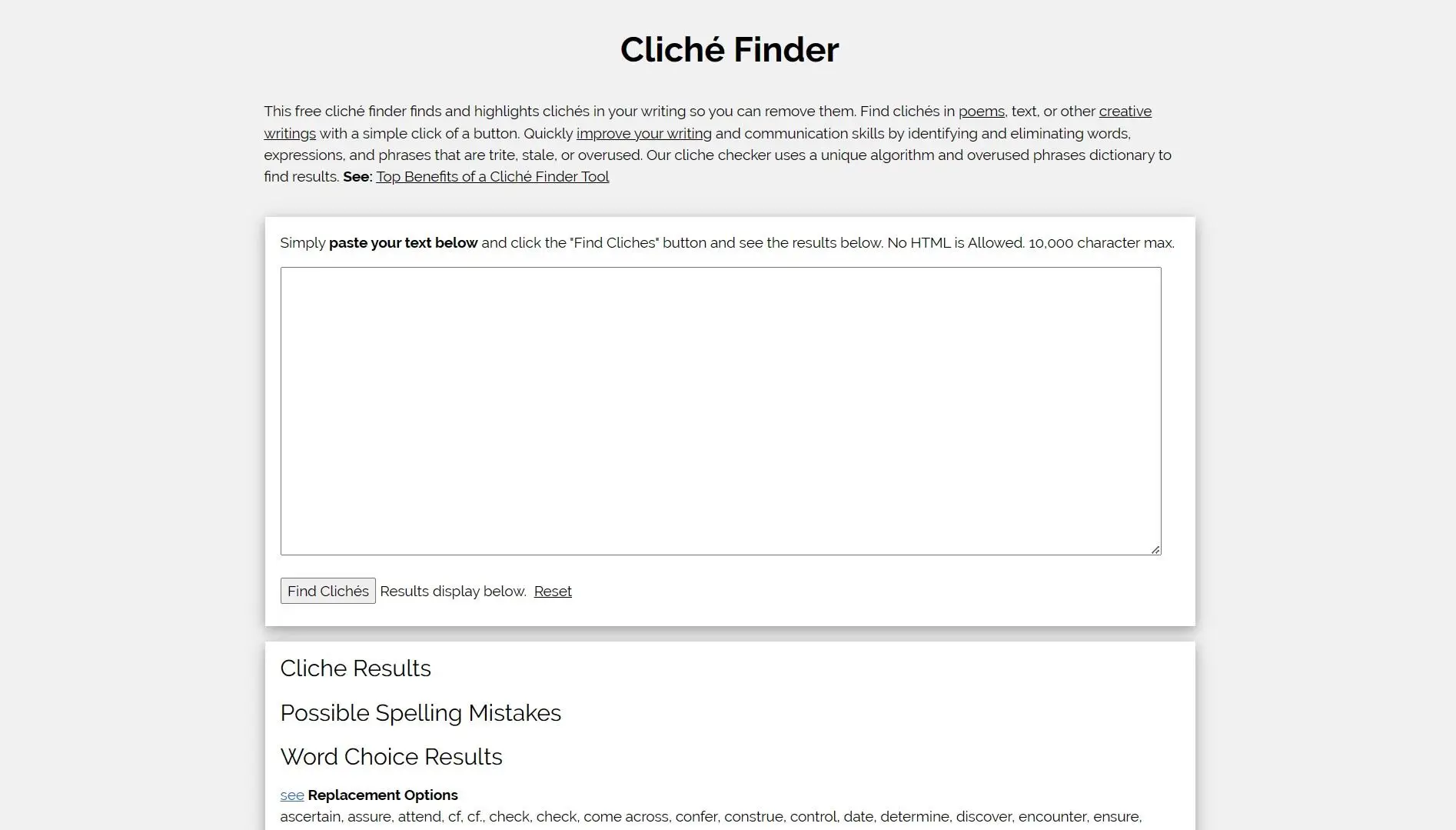 Cliche Finder adalah tools copywriting untuk menemukan kata-kata yang terlalu sering digunakan.