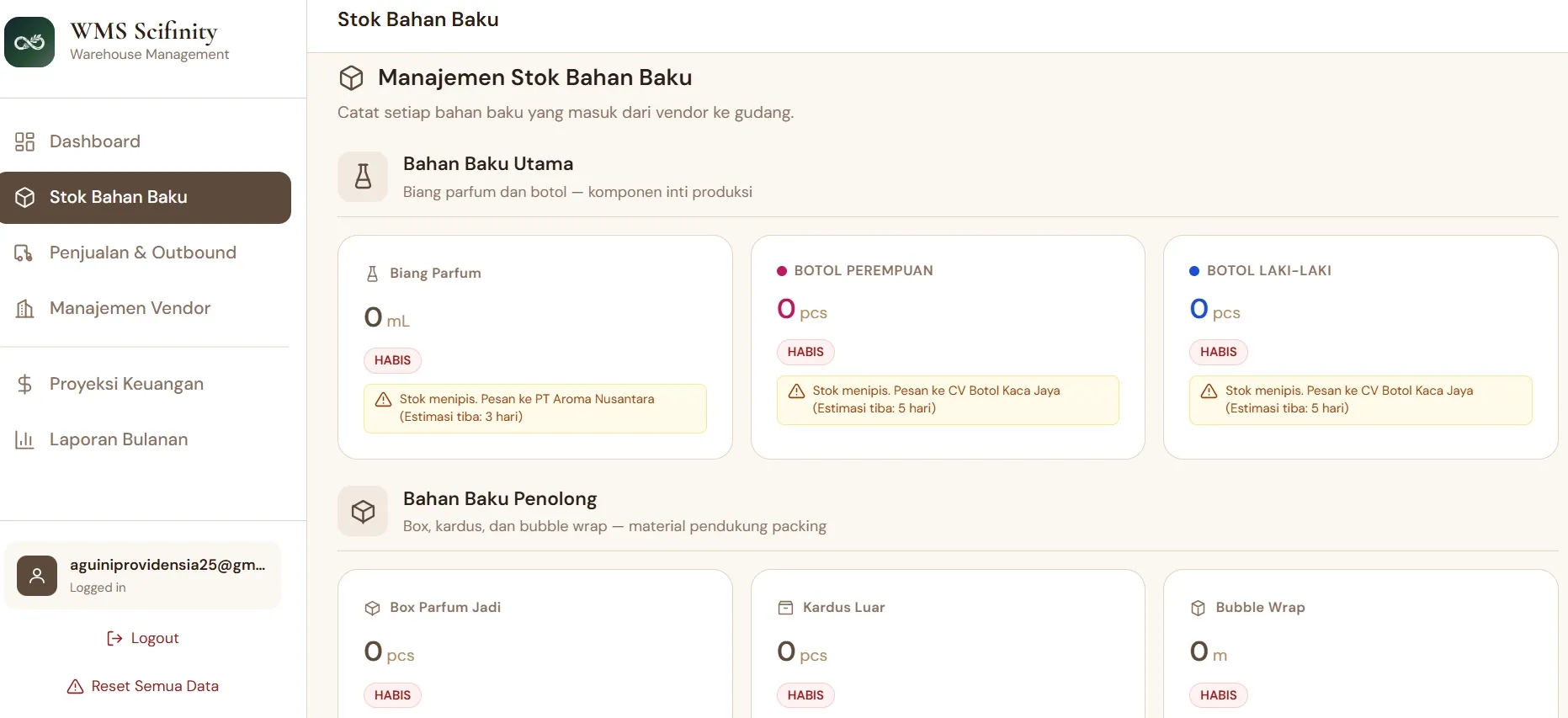 WMS Scifinity adalah sistem yang membantu bisnis parfum mengelola operasional sehari-hari dalam satu tempat.