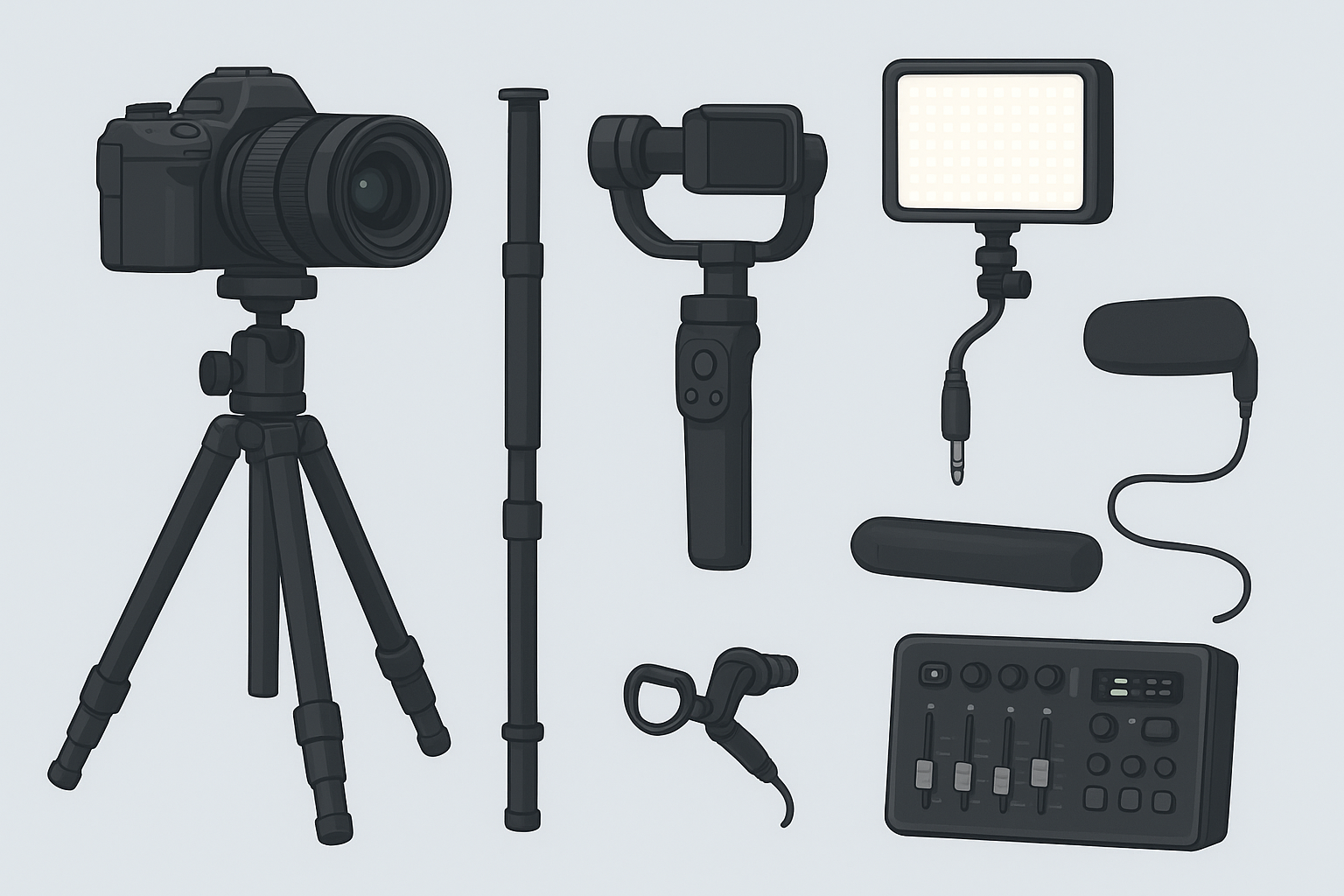 Tripod, Monopod, Gimbal, Lighting, Clip-on, Zoom, Soundcard